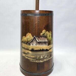 Vintage 37 In Wooden Butter Churn Barrel Primitive Farmhouse Hand Painted Scene